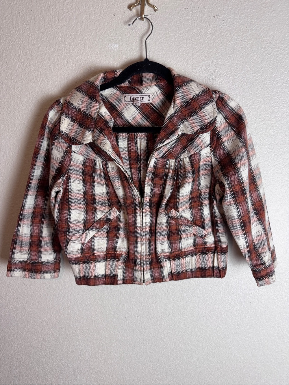 Degree Girl’s Cotton Plaid Zip-Front Jacket in Rust & Cream Size Large